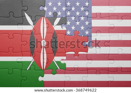 puzzle with the national flag of united states of america and kenya .concept