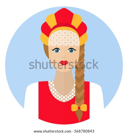 Girl in Russian folk dress sarafan. Flat icon. Vector clip-art illustration on a white background.