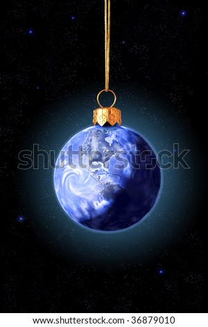 Earth is as xmas sphere on space stars background. You can see North America.