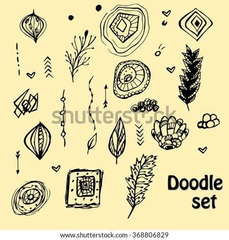 Doddle pattern set with abstract leaves, flowers, brunches. Hand drawn illustration 