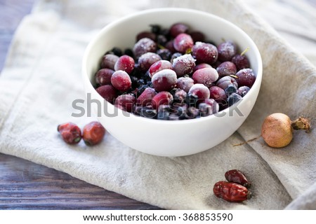 Bowl of frozen berries and pouring tea.