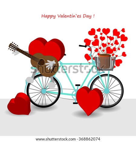 Bright color vector graphic illustration of Valentine day love holiday with symbol of beautiful heart shape on bicycle on white background