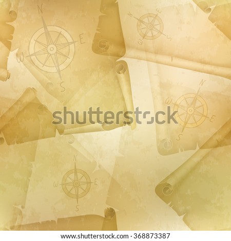Yellow seamless texture with a compass and old manuscripts, vector illustration