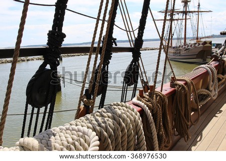 Onboard a moored old ship. A replica of the Susan Constant, Jamestown Settlement, Virginia Royalty-Free Stock Photo #368976530