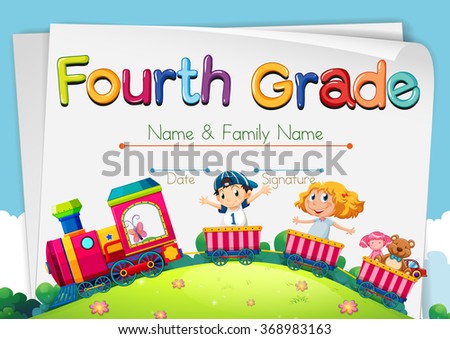 Certificate with kids on the train illustration