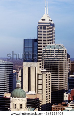 Skyline of the city with State Capitol Builidng. Indianapolis, Indiana, USA.