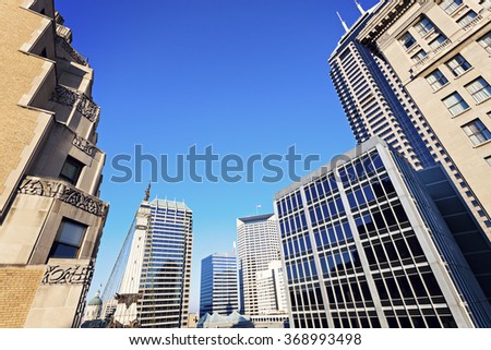 Indianapolis architecture with State Capitol and Soldier and Sailors Monument. Indianapolis, Indiana, USA.