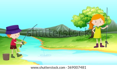 Boy and girl fishing by the river illustration