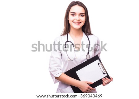 Female doctor holding a clipboard - isolated over a white background