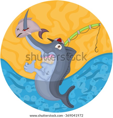 Vector rounded illustration of a cartoon swordfish with a fish rod.
