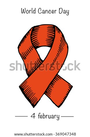 Hand drawn red ribbon symbol of World Cancer Day. Vector illustration