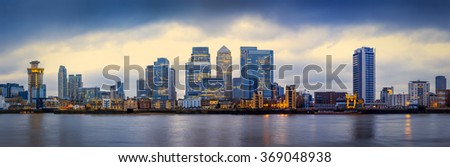 Panoramic skyline of Canary Wharf, the worlds leading financial district at blue hour - London, UK Royalty-Free Stock Photo #369048938