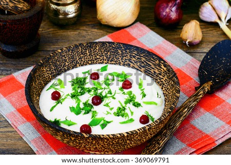 Parsnip Puree Soup with Cream, Dill, Onion, Cranberries Studio Photo