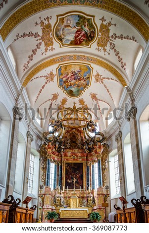Ebersmunster Abbey Cathedral majestic interior, baroque style, Alsace, France