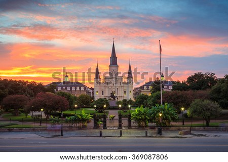 Saint Louis Cathedral and Jackson Square in New Orleans, Louisiana, United States at sunset