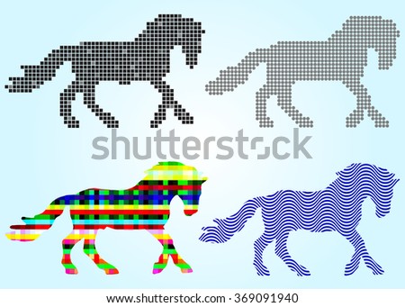 Four silhouettes of horses squares, mosaic, gray circles, blue waves
