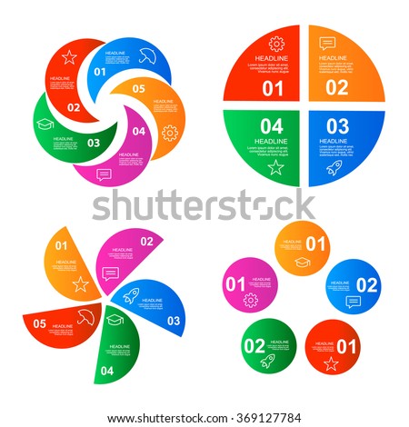 Set of infographics step by step in the form of polygons. Charts, graphs, diagrams with 4,5 steps, options, parts, processes. Business templates for presentation, report and training.