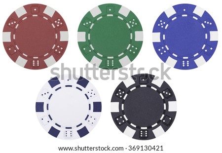 Red Green Blue White and Black Poker Chips Isolated On White Background
