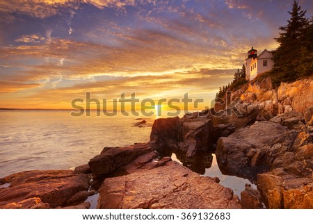 The Bass Harbor Head Lighthouse in Acadia National Park, Maine, USA. Photographed during a spectacular sunset.