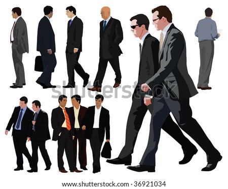 Businessman vector color illustration. Twelve persons. Between them two couples. Realistic graphic with color clothes and faces.