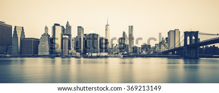 Panoramic view of New York City Manhattan midtown at dusk, special photographic processing