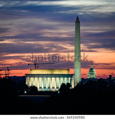 Washington DC - National Mall with Monuments at sunrise
