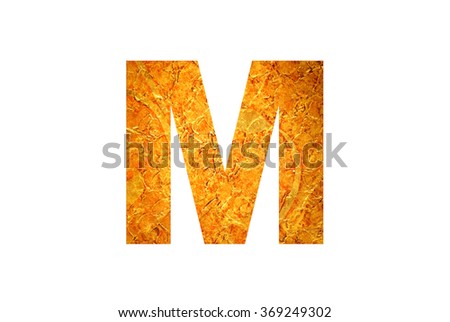 Alphabet from abstract golden texture isolated on white background, Letter M