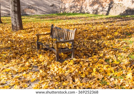 Bench In The Middle Of Park Covered By Colorful Fallen Leaves With Wall From Bricks In The Background