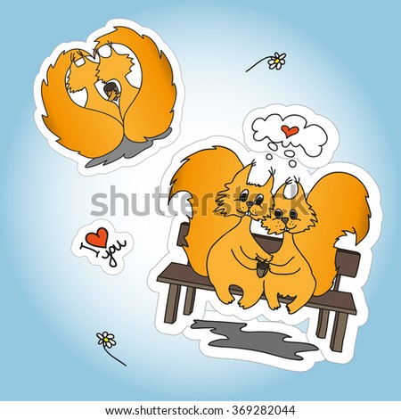 Stickers with two loved doodling squirrel, set design for St.Valentine Day.