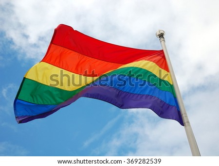 Rainbow flag (LGBT movement) on the sky background  Royalty-Free Stock Photo #369282539