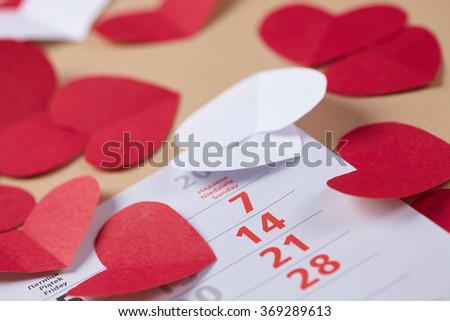 hearts on Valentine's Day on the calendar