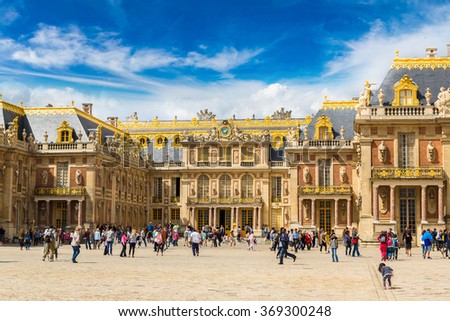Outside view of Famous palace Versailles in a summer day Royalty-Free Stock Photo #369300248