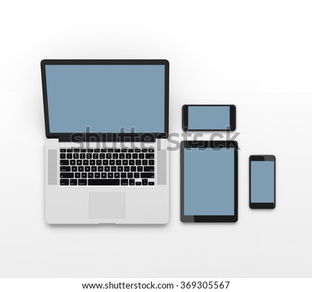 Responsive mockup of a laptop, digital tablet and smart phone. Clipping paths for all displays included.