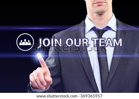 business, technology, internet concept - businessman pressing join our team button on virtual screens