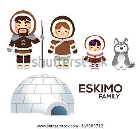 Cute Vector Eskimo Family with Igloo House and Dog isolated on White Background Royalty-Free Stock Photo #369385712