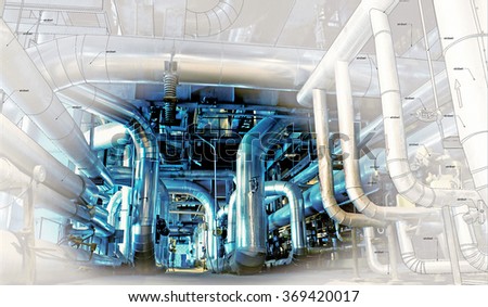 Sketch of piping design mixed with industrial equipment photo