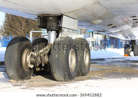 Close up of aircraft wheel at the arctic airport.