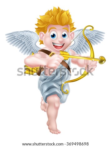 Cartoon valentines day cupid character aiming his golden bow and heart arrow