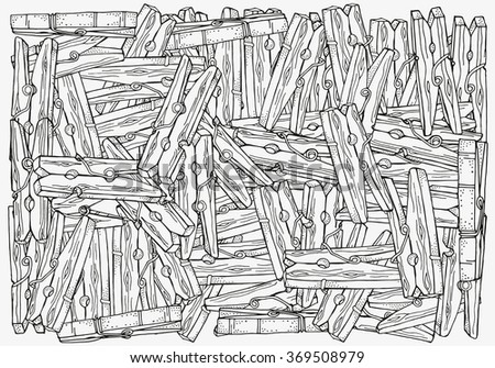 Pattern for coloring book. A4 size.  Wooden clothespins , hand-drawn decorative elements in vector. Black and white pattern.  Made by trace from sketch. Zentangle