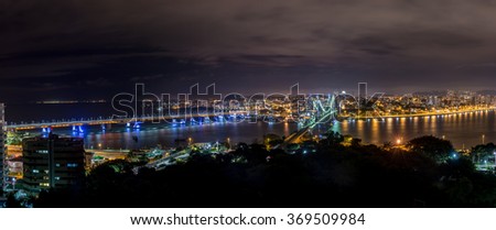 The Hercilio Luz Bridge at night, Florianopolis, Brazil. Royalty-Free Stock Photo #369509984