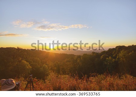 Doi Inthanon National park in the sunrise, mist  at Chiang Mai Province, Thailand