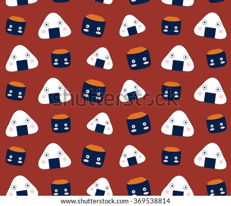 Cute sushi rice japanese food on red background design pattern seamless wallpaper. Vector image