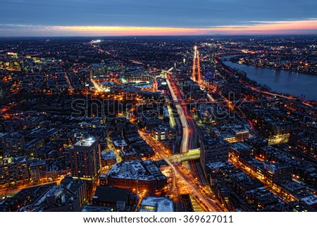 An aerial night view of Boston and the expressways, Massachusetts