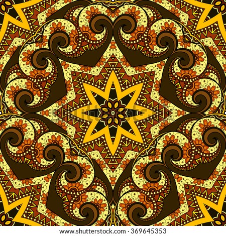 Vector Seamless Colored Ornate Pattern. Hand Drawn Mandala Texture, Vintage Indian Style