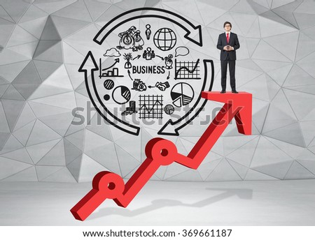 young man standing and thinking on a thick red growing graph looking in front with his hands in front, a picture of business cycle behind. Grey geometric background. Front view. Concept of success.