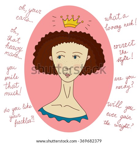 Vector cartoon image of a confident girl isolated on pink. Augmented with well-known phrases about beauty stereotypes. Body positive theme, woman production, illustration for many purposes.