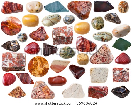 natural mineral gemstones - various jasper gem stones and rocks (brecciated, red, sand, yellow, picture, Ocean, Orbicular, Green Rhyolite, Rainforest, turitella, etc) isolated on white background