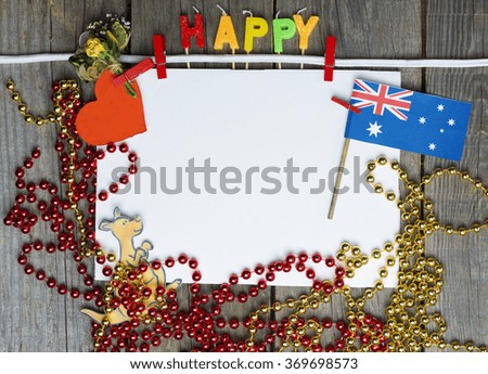 Celebrate party invitation holiday. Happy Australia message greeting Australian  flag hanging . Toned collage