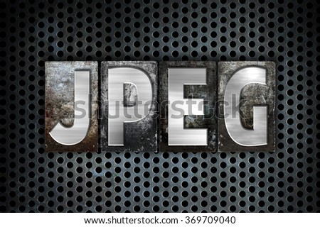 The word "Jpeg" written in vintage metal letterpress type on a black industrial grid background.