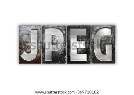 The word "Jpeg" written in vintage metal letterpress type isolated on a white background.
